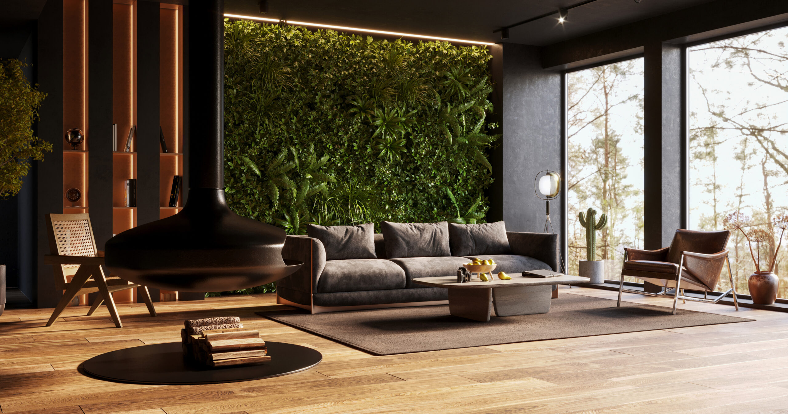 Jardín vertical en la sala de una gran casa lujosa y exclusiva.